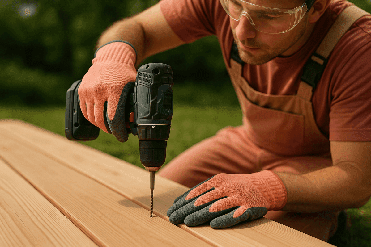 Close-up of deck builder fastening wooden plank wearing safety gloves and goggles