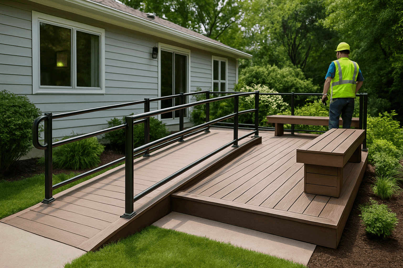 Accessible deck with wide ramp, sturdy railings, and built-in seating in a residential backyard
