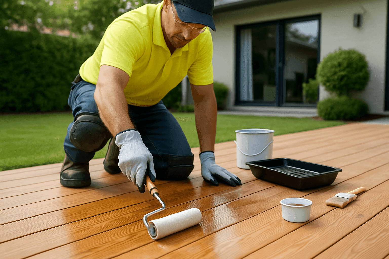 Professional applying sealant to a wooden deck with clean tools and safety gear